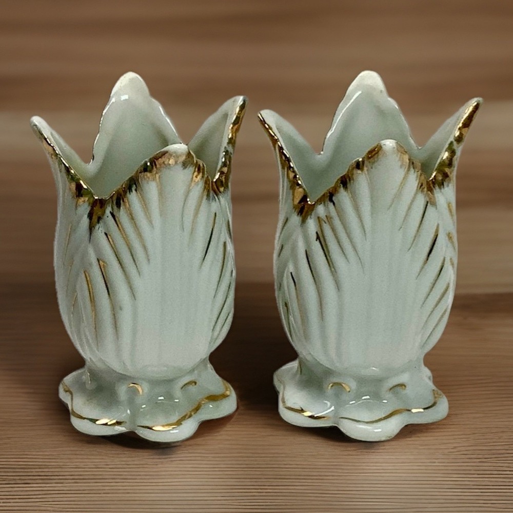 2 Vintage Richard Brand Tulip Shaped Mini Porcelain Vase‎ White/gold Japan Nice!